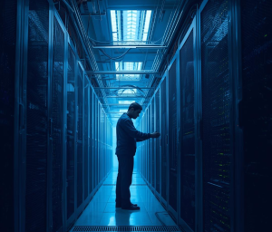 A MAN WOPRKING IN DATA CENTER