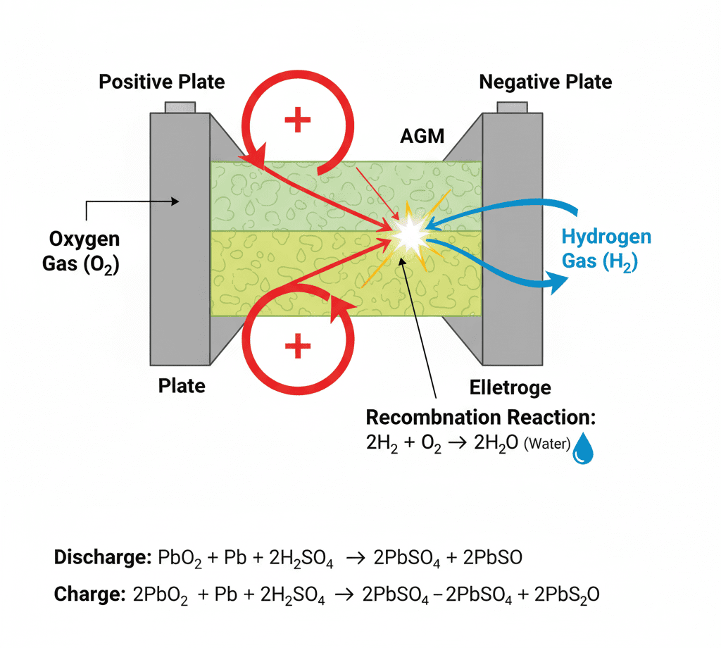 AGM battery recombination cycle diagram showing charging process with positive and negative plates, oxygen gas (O2), hydrogen gas (H2), and recombination reaction forming water. Explains AGM battery charging and discharging cycle chemistry for lead-acid batteries.
