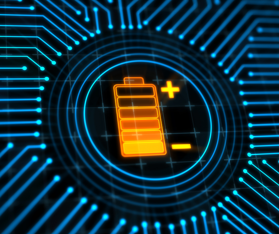 Orange digital battery icon with plus and minus signs in the center of a glowing blue circuit board pattern, symbolizing power anomalies such as surges, sags, blackouts, and electrical noise that threaten system reliability and uptime