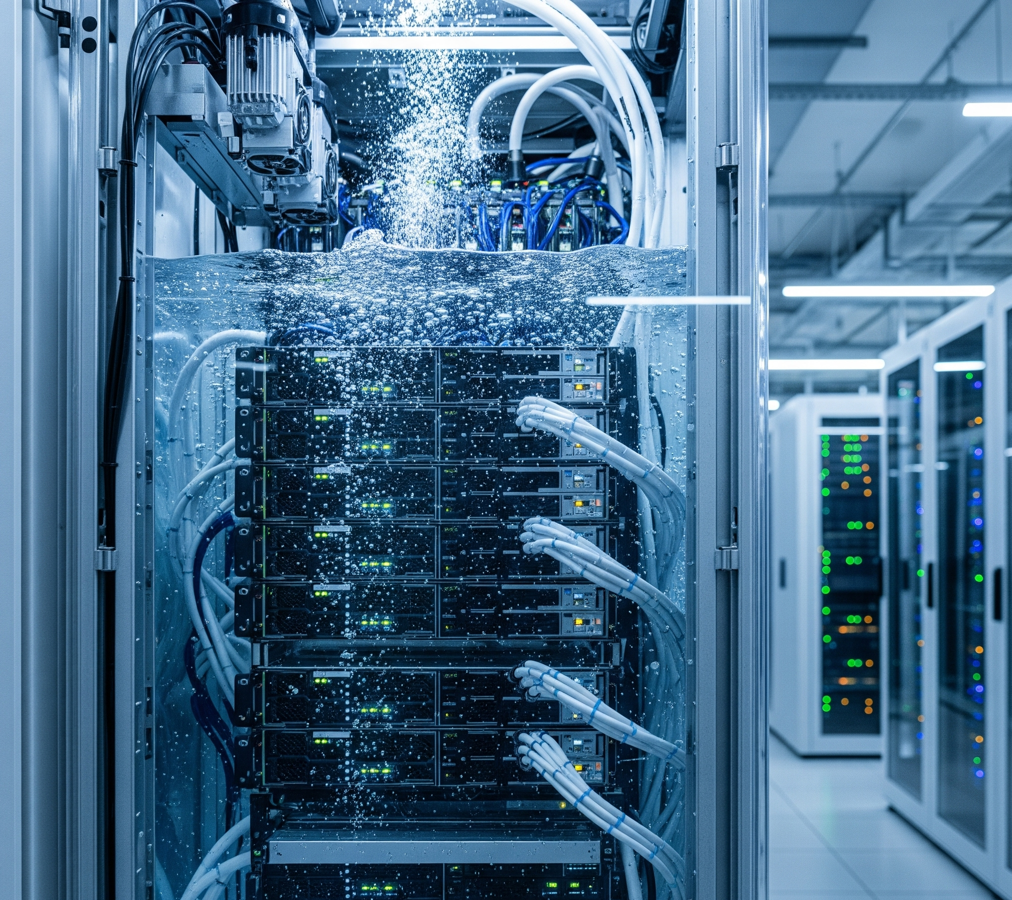 A photograph of a server rack filled with a transparent liquid, with bubbles rising to the surface. The servers are submerged and connected by numerous cables and tubes. The background shows a modern data center with other server racks. The image has a blue-tinted, high-tech aesthetic.