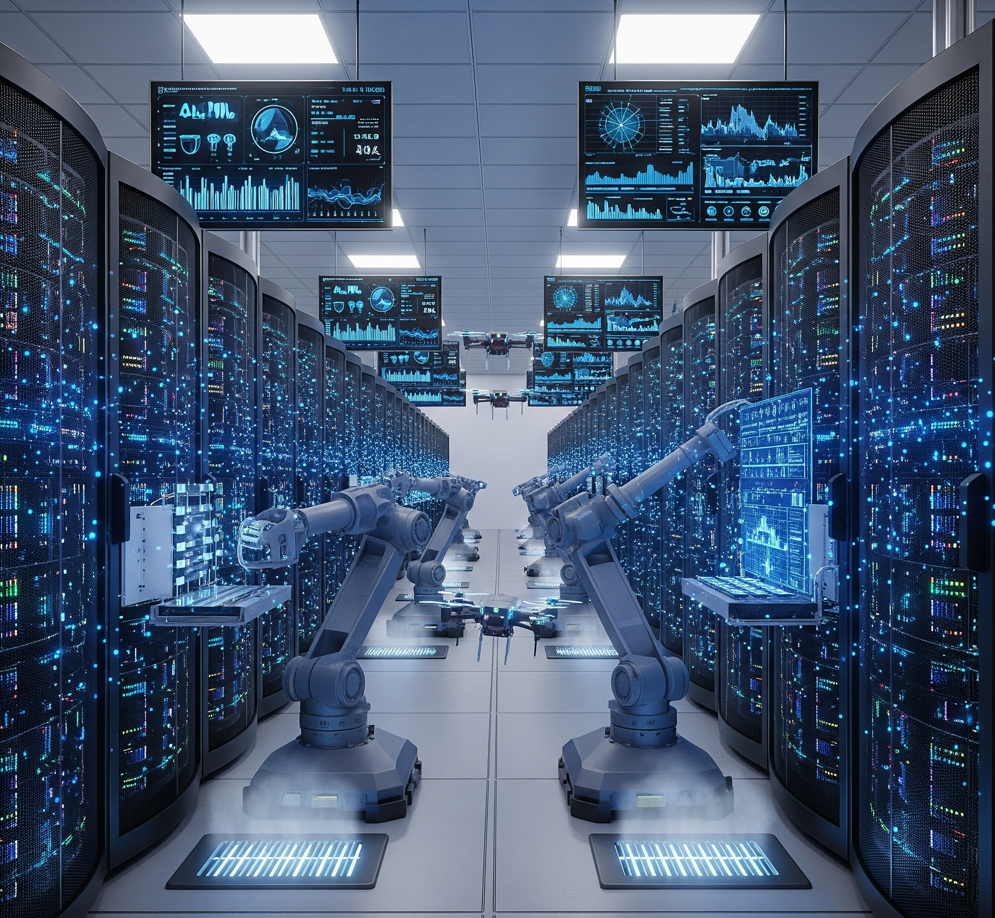 A photograph of a highly futuristic, automated data center. Rows of server racks with blue lights line a bright, clean aisle. Several robotic arms with glowing screens are positioned on the floor, seemingly monitoring or maintaining the servers. A few small drones are also visible hovering near the robots. Overhead monitors display various data graphs and statistics. The overall aesthetic is clean and futuristic, with a blue and white color palette.