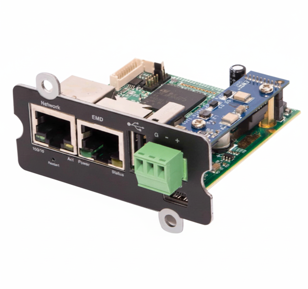 An isolated close-up image of a compact network interface card or adaptor board. The card features two RJ45 Ethernet ports labeled "Network" and "EMD" (Environmental Monitoring Device), a micro-USB port, and a green screw-terminal connector. This hardware is used to connect UPS or EMD units to a network for remote monitoring and management of critical power infrastructure.