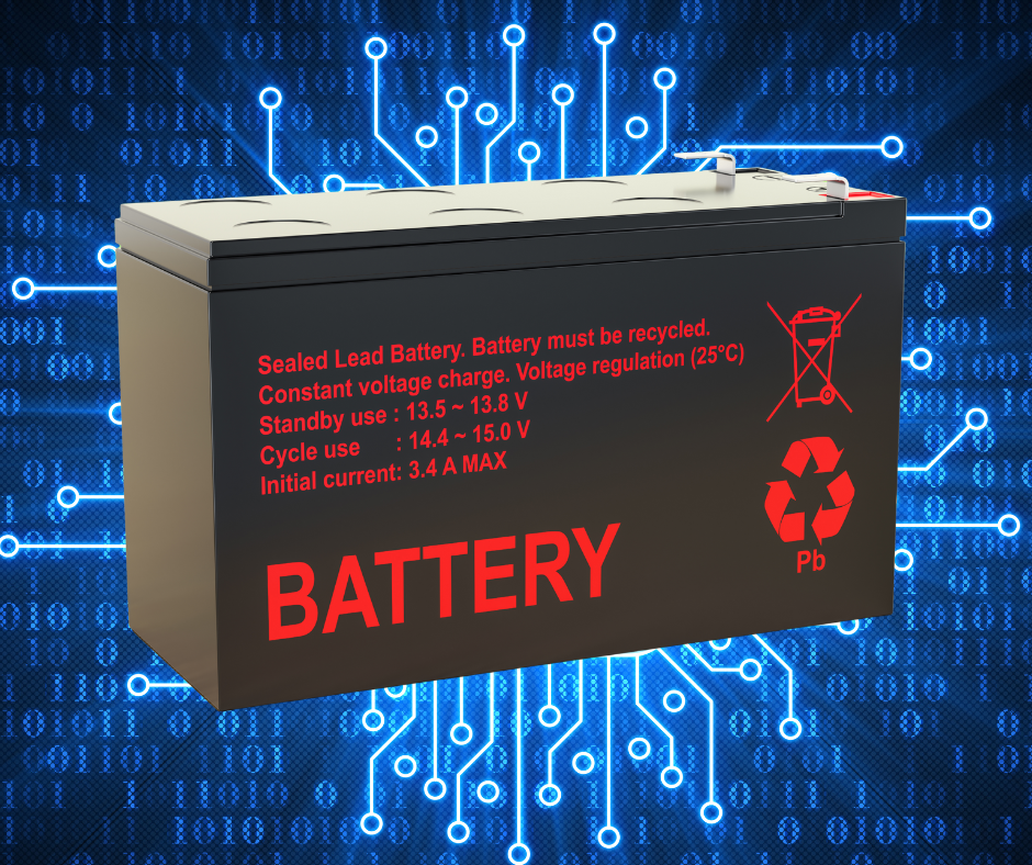 Sealed lead-acid battery with red labeling, showing voltage and charging specifications, recycling symbols, and placed on a digital blue circuit background