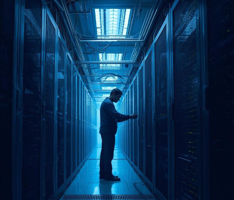 A MAN WOPRKING IN DATA CENTER