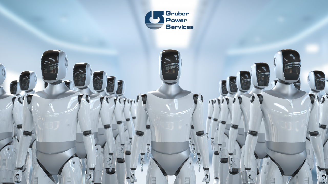 A large group of identical, white, robotic humanoids standing in a well-lit, futuristic room. The logo for Gruber Power Services is displayed prominently at the top center of the image.