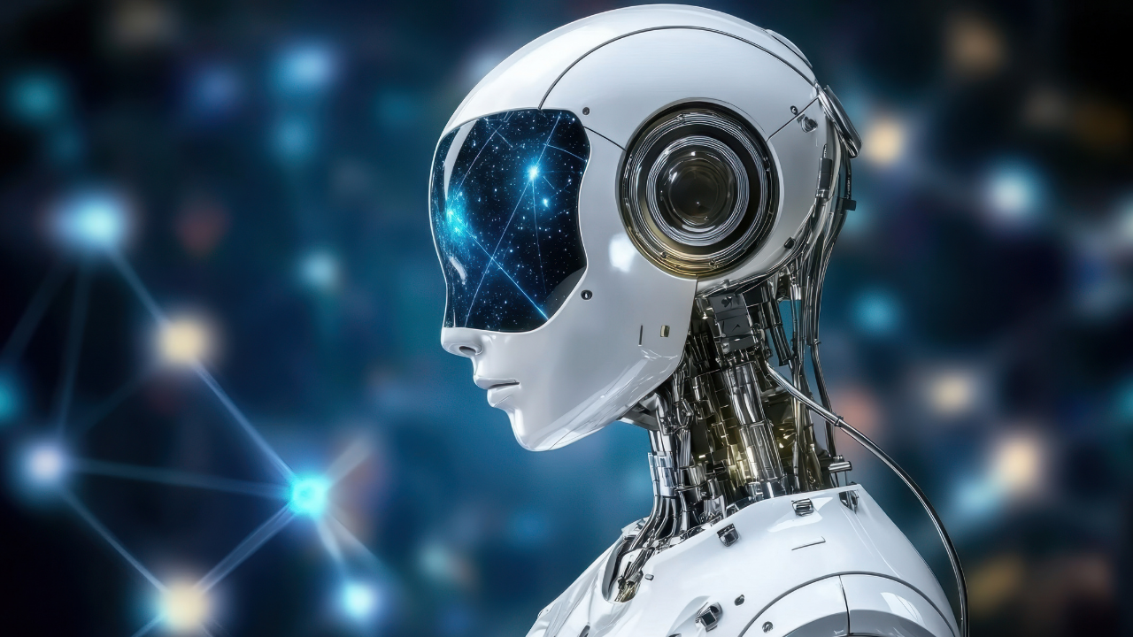 A close-up, profile view of a futuristic, white robotic or humanoid head and neck. Its visor is reflective, showing a starry, blue digital network pattern, and a camera lens is visible on the side of its head. The background is a dark, bokeh blur of blue and yellow lights with connecting digital lines.