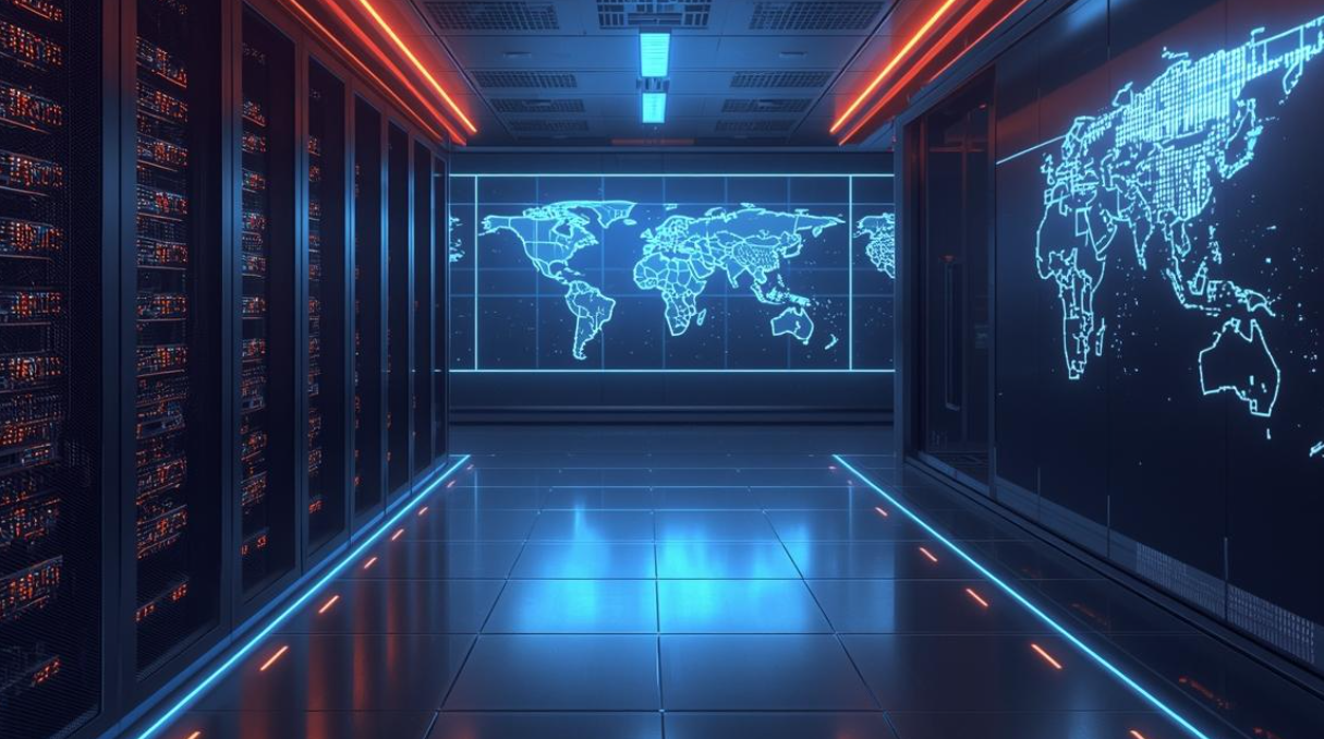 A highly technical and futuristic data center hallway with a dark, reflective floor. Tall server racks with small red indicator lights line the left wall. The space is illuminated by bright blue and orange/red neon lighting along the ceiling and floor edges. The back and right walls feature large, glowing blue screens displaying a digital, wireframe map of the world.