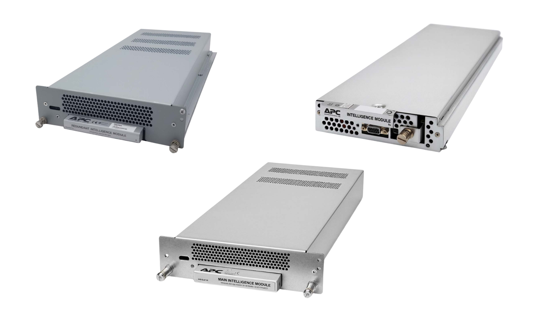 Three separate views of silver APC Intelligence Modules (Main and Redundant) used as UPS control modules, featuring ventilation grilles and various rear-panel ports (DB-9, BNC, network), related to Gruber Power Service