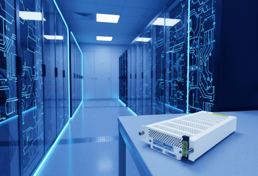 A white UPS control module, possibly a power supply or networking device, resting on a white table in the foreground of a modern, highly advanced data center. The server racks lining the hallway are dark, illuminated by striking blue lighting and small green and orange LED status indicators, emphasizing a high-tech, cool environment.