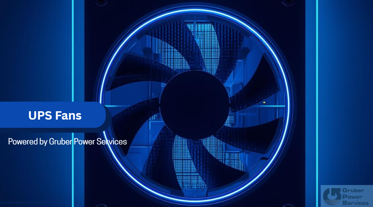 A close-up, dark, and highly stylized image of a UPS (Uninterruptible Power Supply) cooling fan glowing with bright blue LED light around its circumference. The fan is mounted within a rectangular frame, suggesting a computer or power supply enclosure. Text overlaid on the bottom left reads "UPS Fans" and "Powered by Gruber Power Services". The logo for Gruber Power Services is also visible in the bottom right corner.