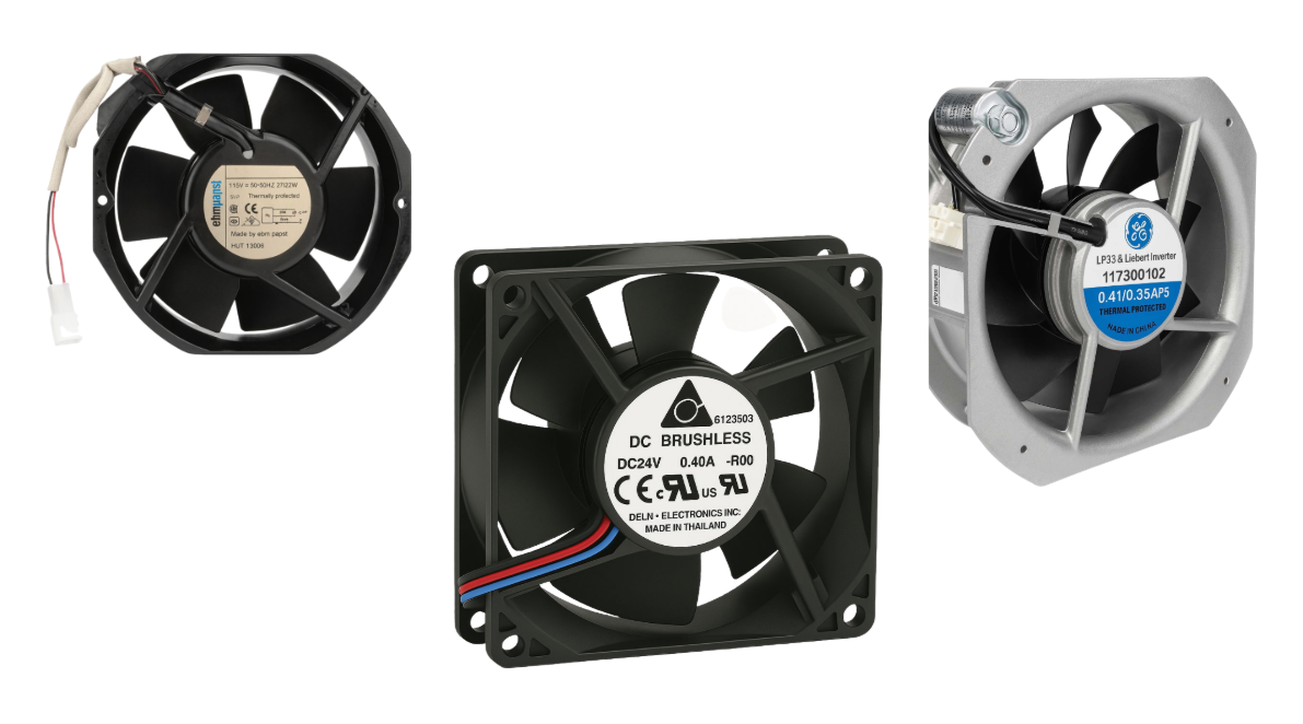  A studio shot on a white background displaying a group of three different Uninterruptible Power Supply (UPS) cooling fans. The UPS fan on the left is black and round, with an attached white and red wire harness. The fan in the center is square, black, and explicitly labeled "DC BRUSHLESS" with specifications "DC24V 0.40A". The fan on the right is housed in a silver/grey metal frame, with a blue label on the hub marked "GE LP33 & Liebert Inverter". The image features various fan models used for cooling UPS systems, specifically related to Gruber Power Services products.