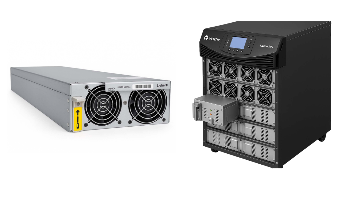 A composite image showing a silver Liebert APS UPS power module on the left and a black Vertiv Liebert APS UPS tower on the right, with one power module being hot-swapped into the modular system.