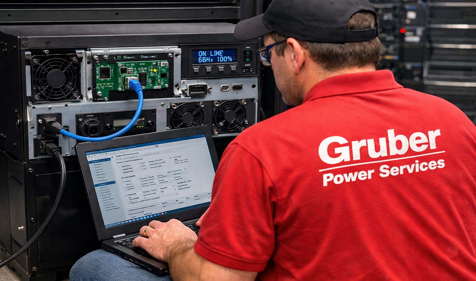 Field engineer programming UPS network management card via RJ45 to laptop