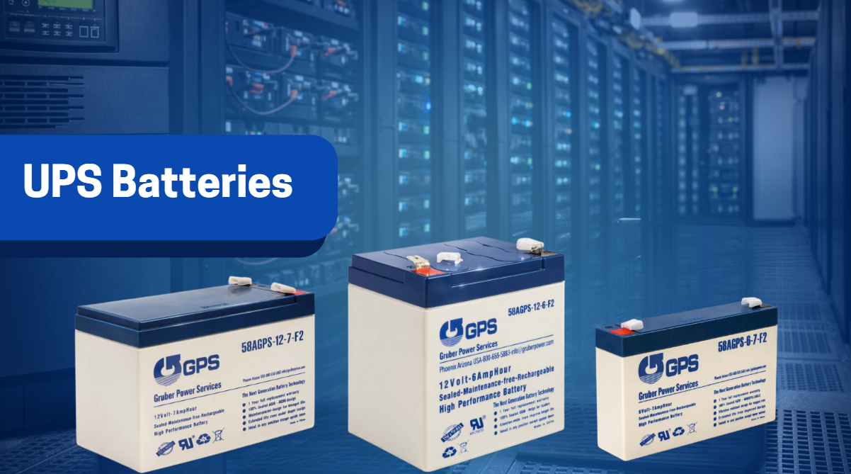 An image featuring three Uninterruptible Power Supply (UPS) batteries of different sizes from Gruber Power Services (GPS), set against a blue-toned background of a data center with rows of server racks. In the upper left, a blue rounded banner displays the text "UPS Batteries" in bold white letters. The three batteries are positioned in the foreground: Left Battery: A standard rectangular unit labeled "58AGPS-12-7-F2", 12Volt-7AmpHour. Center Battery: A taller, blockier unit labeled "58AGPS-12-6-F2", 12Volt-6AmpHour. Right Battery: A smaller unit labeled "58AGPS-6-7-F2", 6Volt-7AmpHour. All batteries feature the GPS logo and list key features such as "Sealed-Maintenance-free-Rechargeable" and "High Performance Battery," along with the company's contact information and a Phoenix, Arizona address.