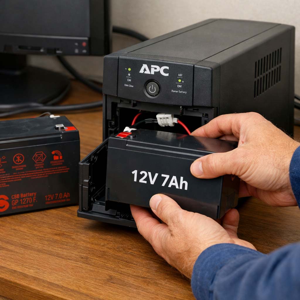 Technician replacing an individual 12V 7Ah battery inside a small APC UPS